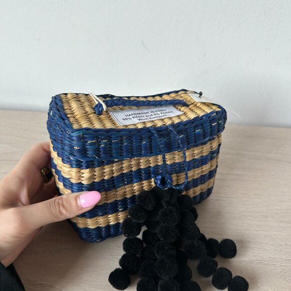 NWT Nannacay Baby Roge Striped Woven Raffia Tote Pompom-Embellished - Picture 2 of 13